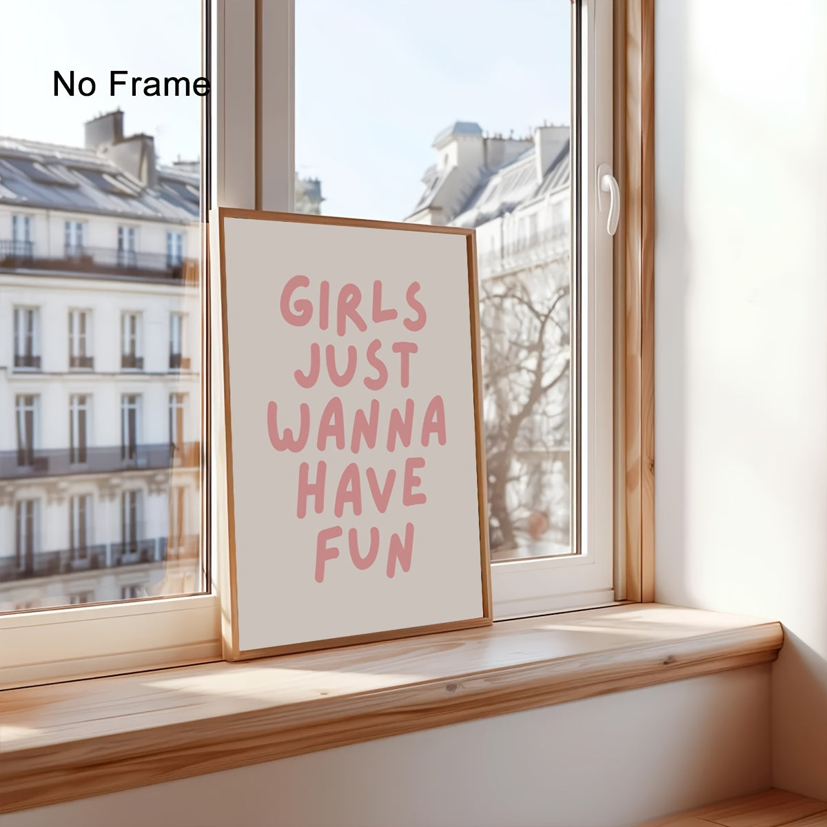 Girls Just Wanna Have Fun Canvas Wall Art, Pink Lettering on a Neutral Background for Bedroom — artwork and room preview