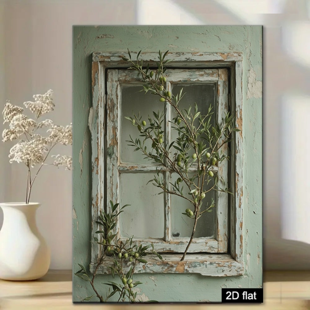 Sage Green Olive Branch Canvas Wall Art, Rustic Weathered Window Frame Print for Farmhouse Kitchen — artwork and room preview