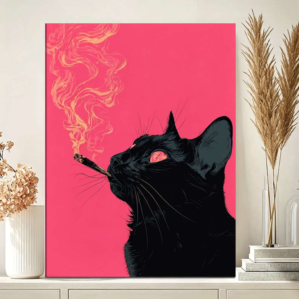 Black Cat with Smoke Canvas Wall Art, Bold Pink Background and Expressive Modern Animal Portrait — artwork and room preview