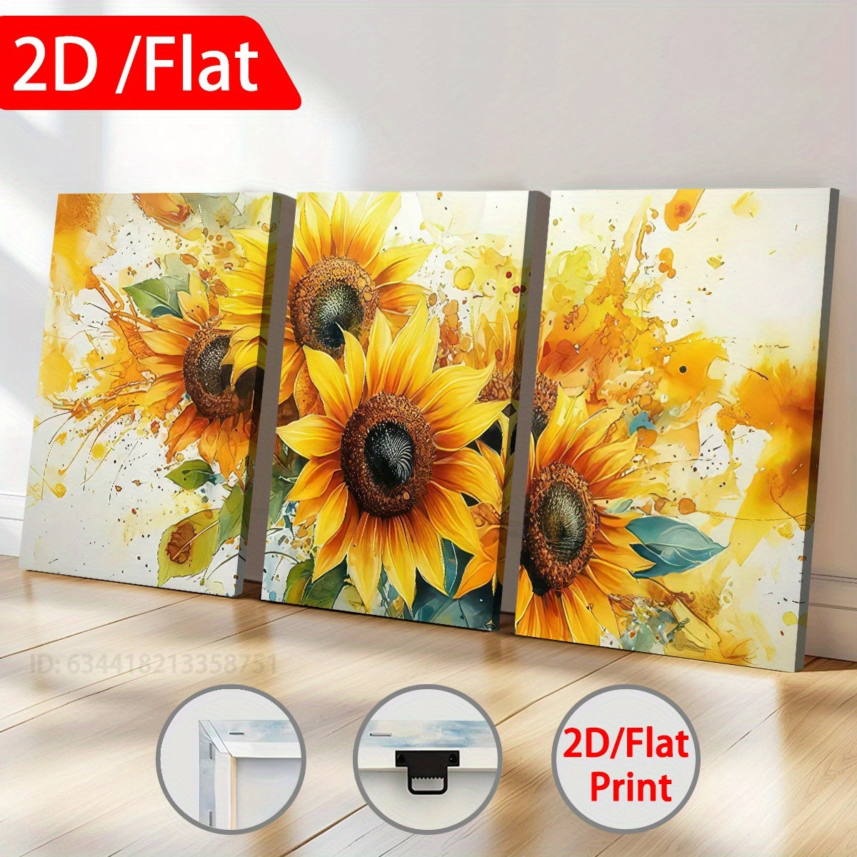 Abstract Sunflower Canvas Wall Art Set of 3, Bright Yellow Flowers and Expressive Paint Splashes — artwork and room preview