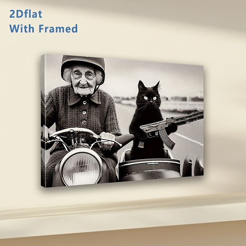 Funny Granny and Black Cat Canvas Wall Art, Vintage Motorcycle Scene in Black and White — artwork and room preview