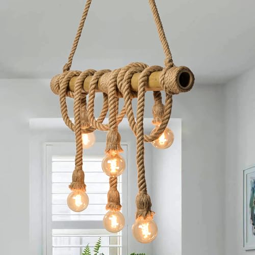 31.4 in 6-Light Bamboo & Rope Chandelier - TPPGpn