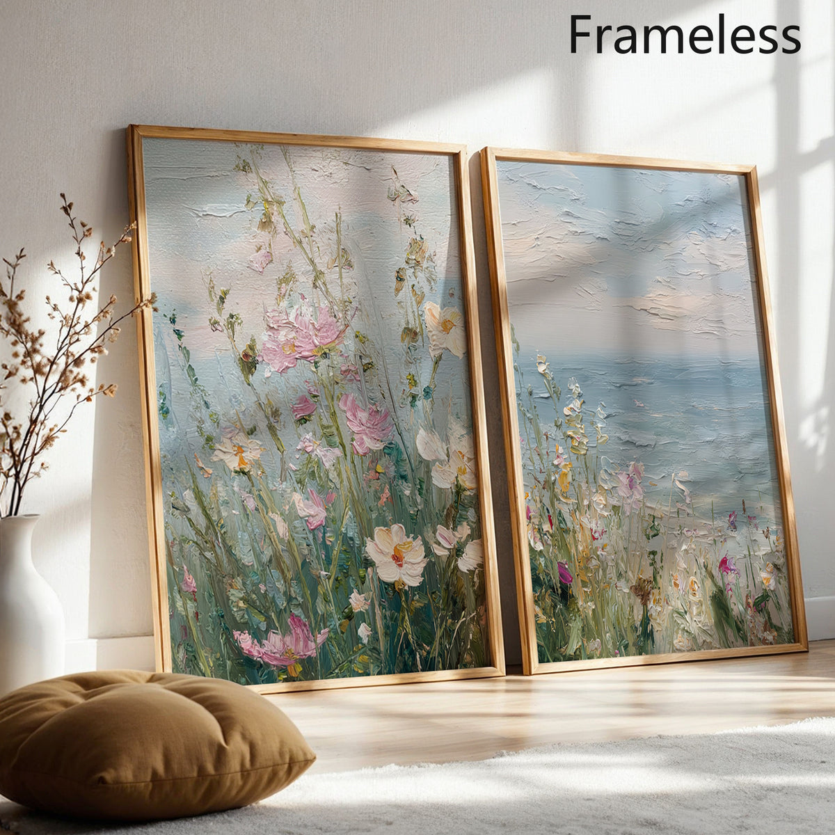 Coastal Wildflower Canvas Wall Art Set of 2, Soft Summer Meadow and Blue Sea Landscape Prints — artwork and room preview