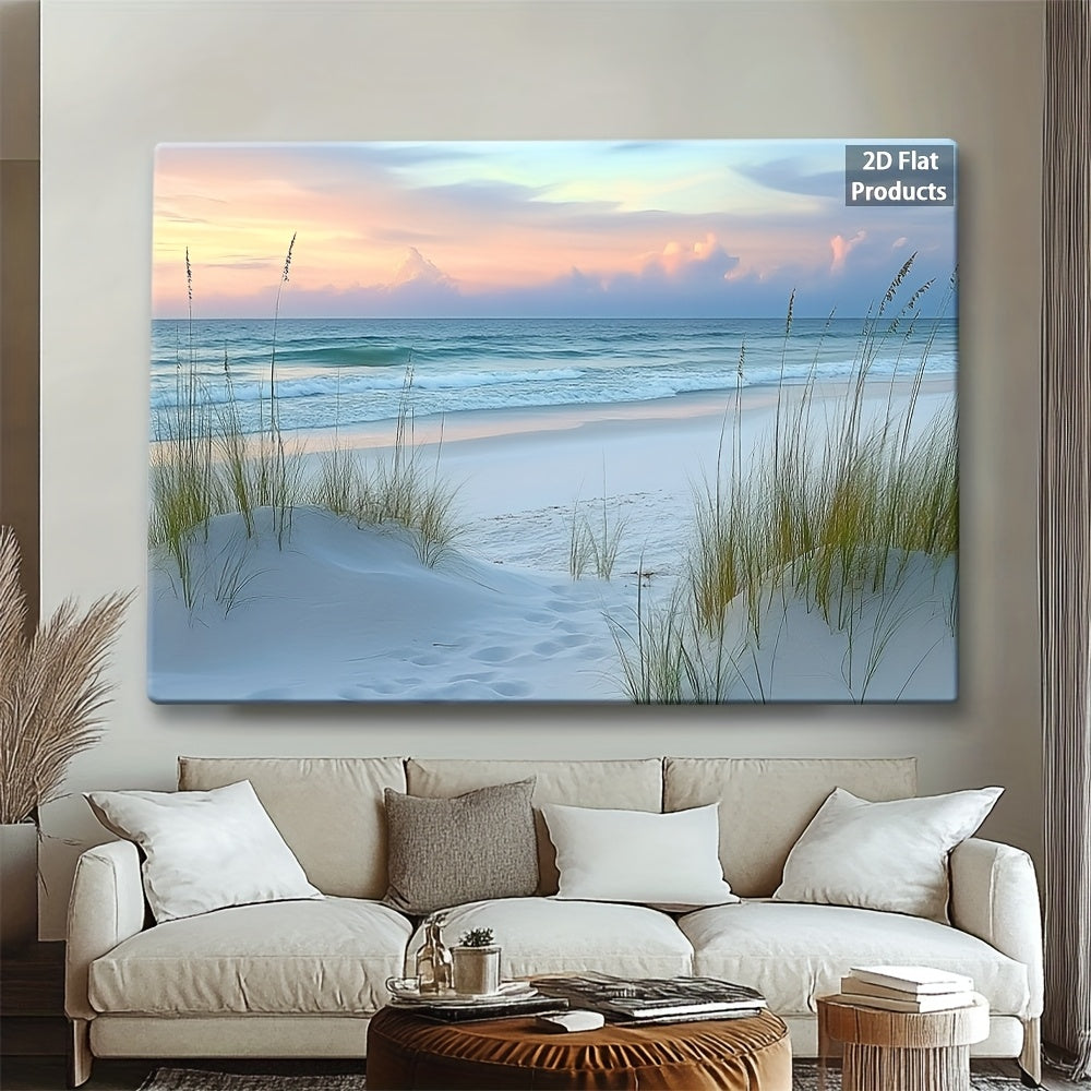 Coastal Sunrise Canvas Wall Art, Quiet Beach Dunes and Ocean View in Soft Natural Tones — artwork and room preview