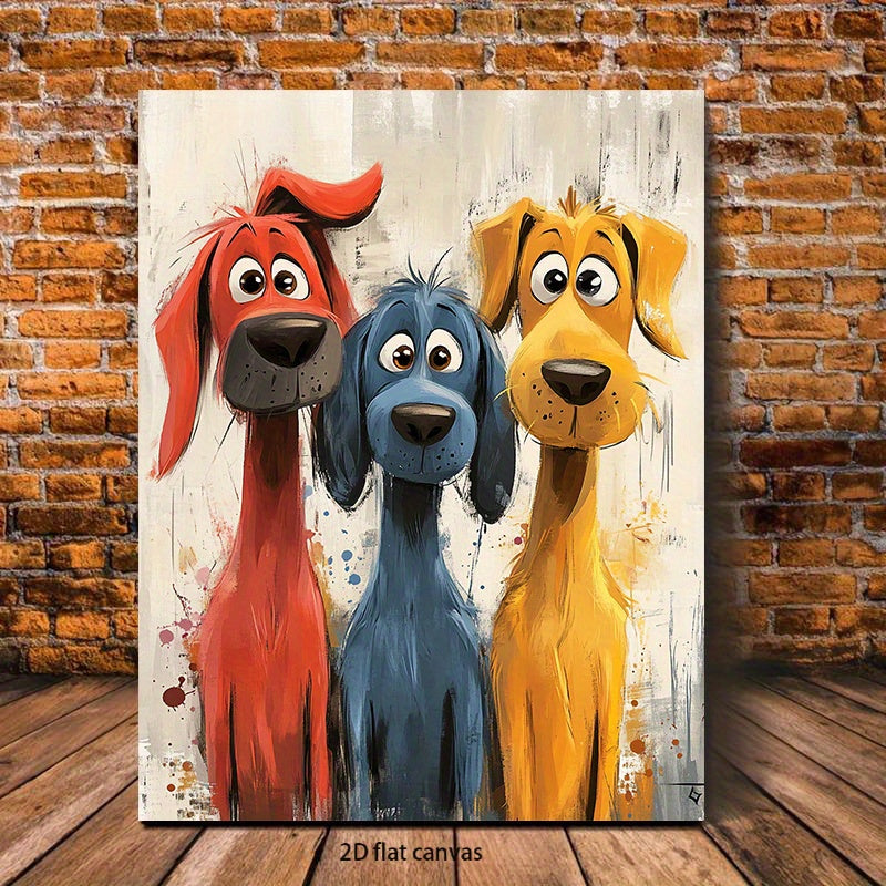 Colorful Cartoon Dogs Canvas Wall Art, Playful Red Blue and Yellow Dog Portraits for Living Room — artwork and room preview