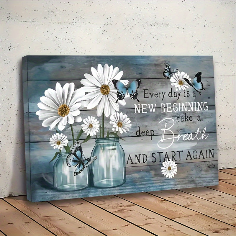 Blue Daisy and Butterfly Canvas Wall Art, Rustic Floral Jars with New Beginning Quote for Living Room — artwork and room preview