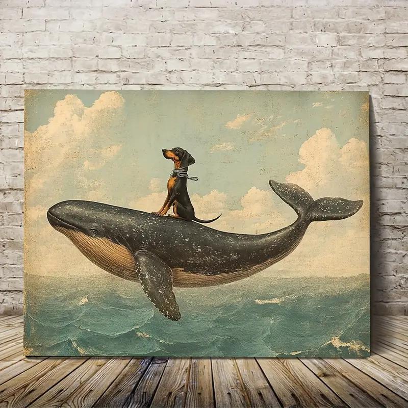 Whimsical Girl Riding a Whale Canvas Wall Art, Vintage Ocean Fantasy in Muted Blue and Cream — artwork and room preview