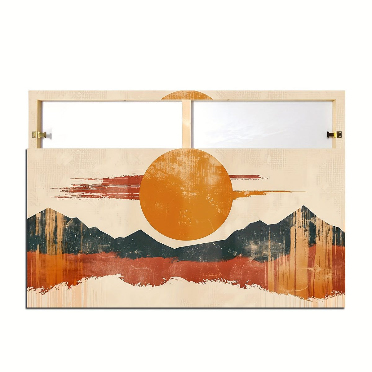 Boho Desert Sun Canvas Wall Art, Orange Sunset and Abstract Mountain Shapes in Warm Earth Tones — artwork and room preview
