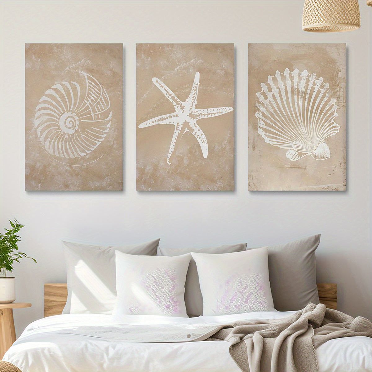 Coastal Seashell Canvas Wall Art Set of 3, White Nautilus Starfish and Scallop Prints on Beige — artwork and room preview