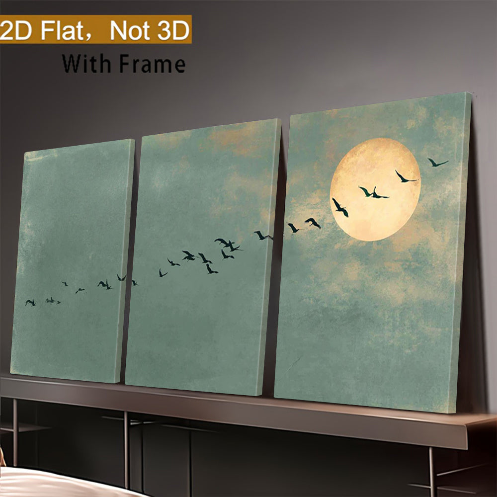 Moonlit Birds Canvas Wall Art Set of 3, Teal Night Sky and Flying Flock Across a Modern Triptych — artwork and room preview