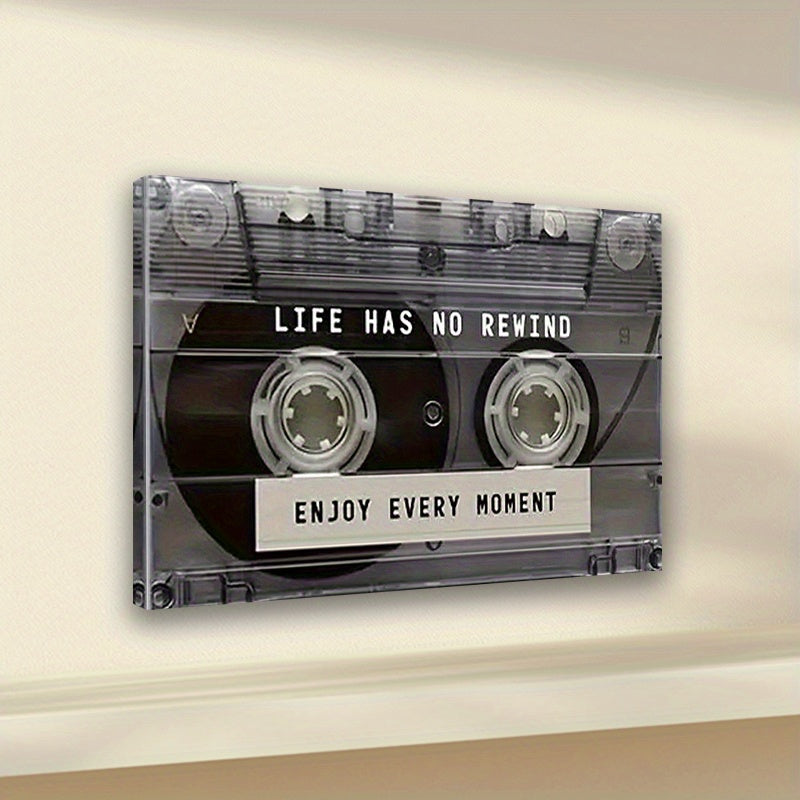 Vintage Cassette Canvas Wall Art, Life Has No Rewind Enjoy Every Moment Music Quote — artwork and room preview