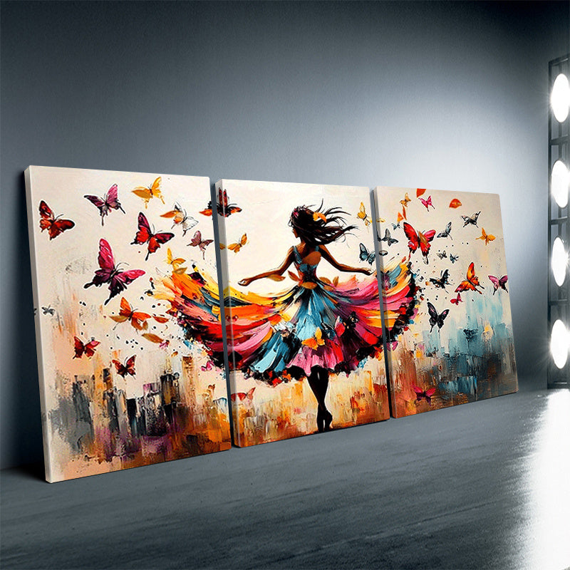 Dancing Woman Canvas Wall Art Set of 3, Colorful Dress and Butterflies in an Expressive Abstract Scene — artwork and room preview