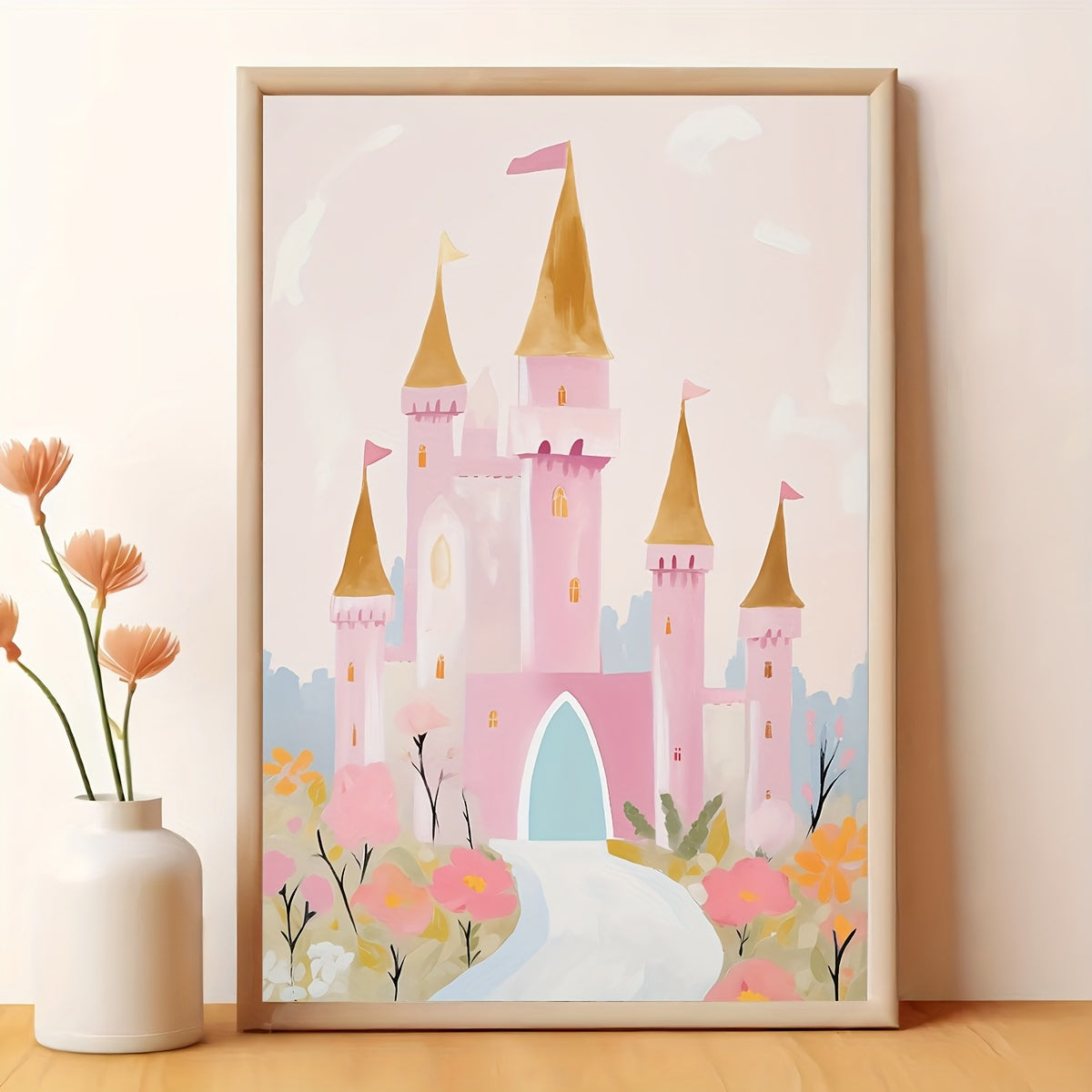 Pink Fairytale Castle Canvas Wall Art, Pastel Towers and Flowers for Girls Bedroom or Nursery — artwork and room preview