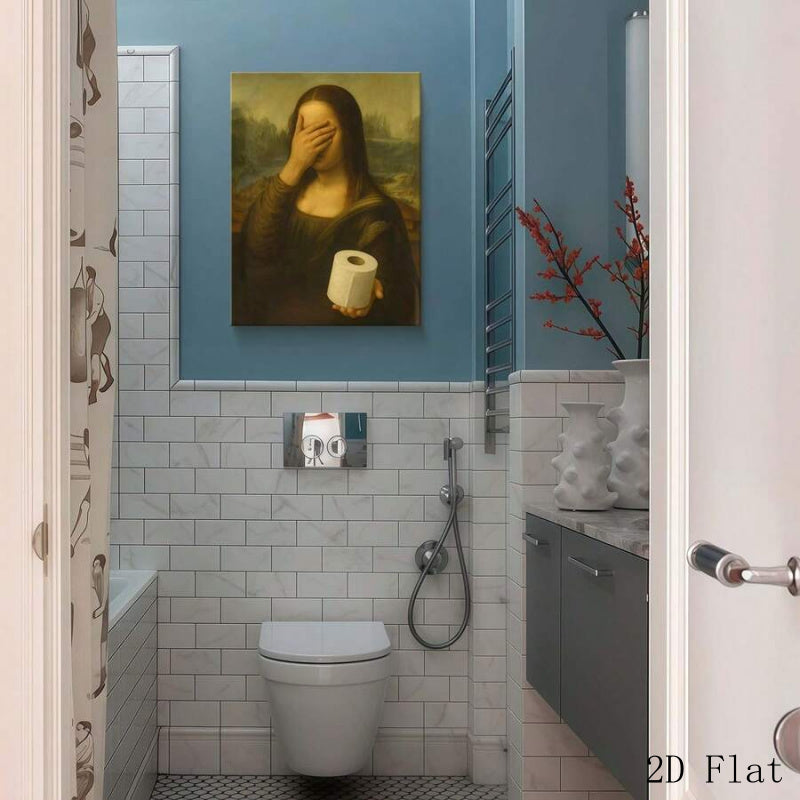 Mona Lisa Bathroom Canvas Wall Art, Funny Nose Pinching Parody with Toilet Paper on a Vintage Background — artwork and room preview