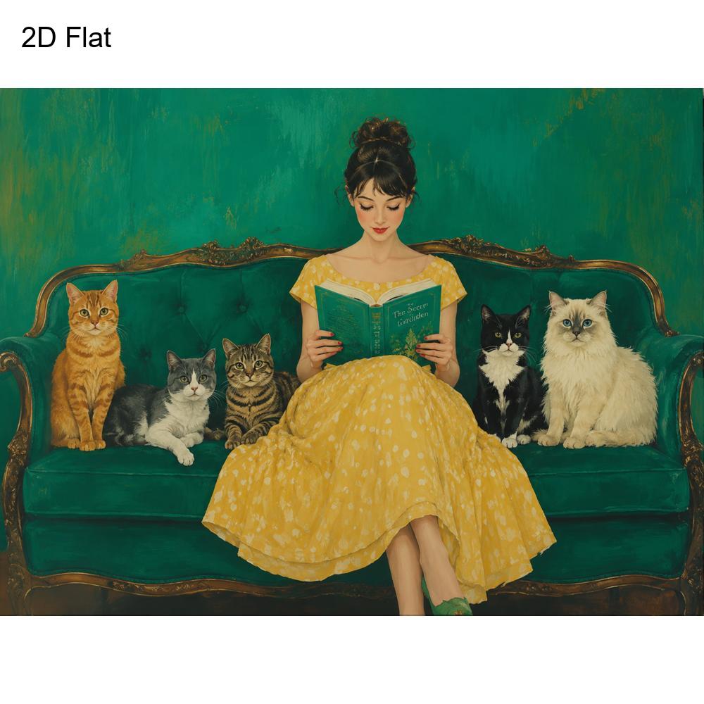 Woman Reading with Five Cats Canvas Wall Art, Vintage Book Lover Scene in Green and Gold — artwork and room preview