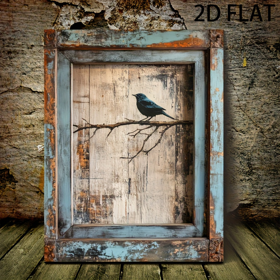 Rustic Bird Canvas Wall Art, Blue Bird on a Branch with Weathered Door Print for Farmhouse Decor — artwork and room preview