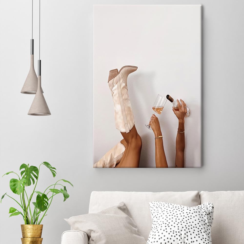 Preppy Champagne Wall Art Cowgirl Boots Picture Print Modern Unisex Stylish Rustic Western Aesthetic Poster On Trend Teen Girls Hipster Home Wall Decor Living Room Bar Cart 12x16 Unframed