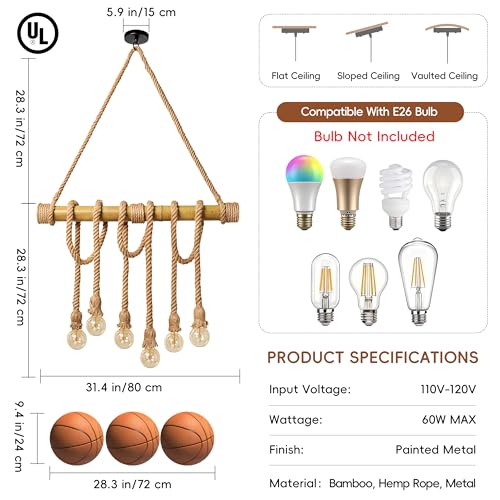 31.4 in 6-Light Bamboo & Rope Chandelier - TPPGpn