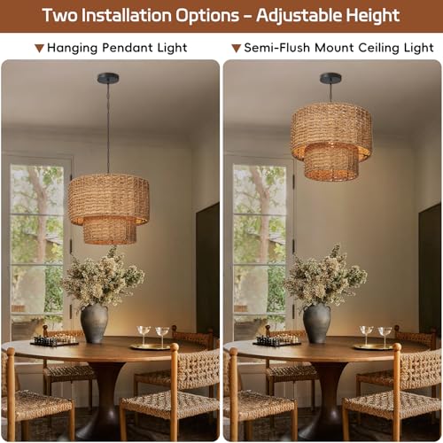 15.7 in Rattan Drum Pendant Light - TPPGpn