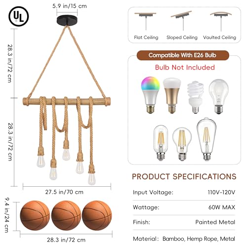 27.5 in 5-Light Bamboo & Rope Chandelier - TPPGpn