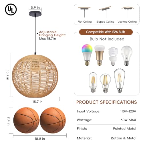 15.7 in Woven Rattan Globe Pendant Light - TPPGpn