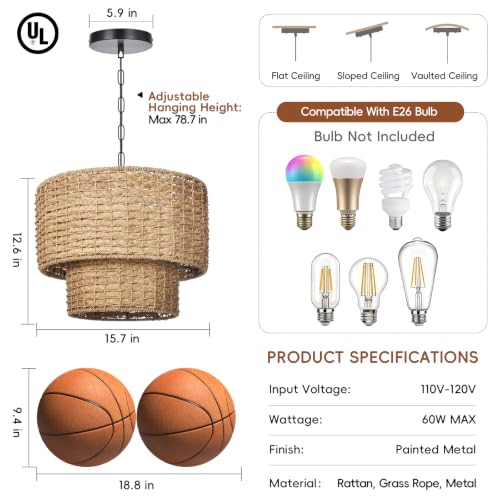 15.7 in Rattan Drum Pendant Light - TPPGpn