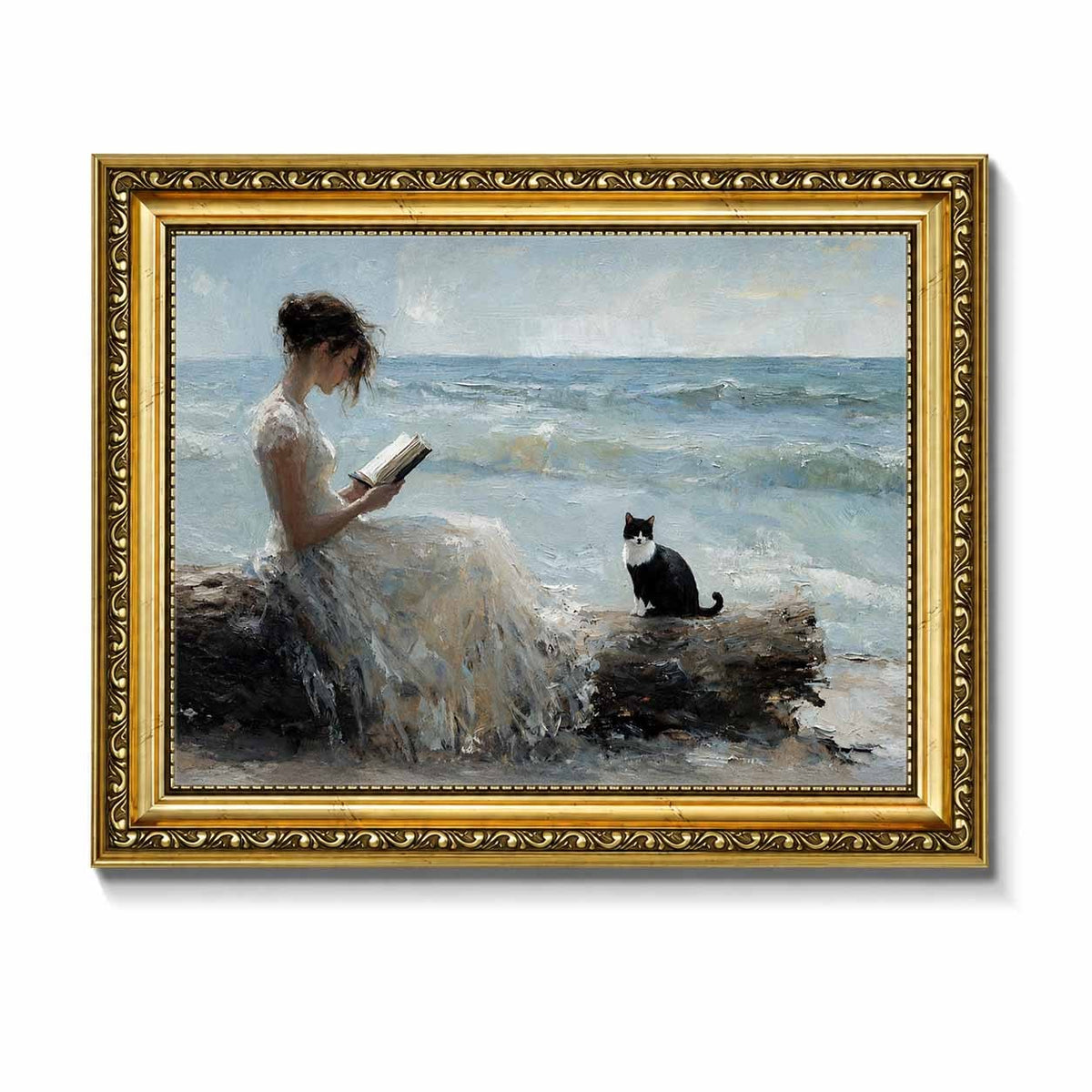 Vintage Woman Reading Canvas Wall Art, Seaside Scene with a Cat in Soft Coastal Colors — artwork and room preview