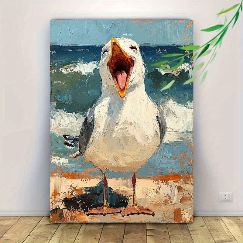Screaming Seagull Canvas Wall Art, Expressive Coastal Bird in Blue and White Painterly Colors — artwork and room preview