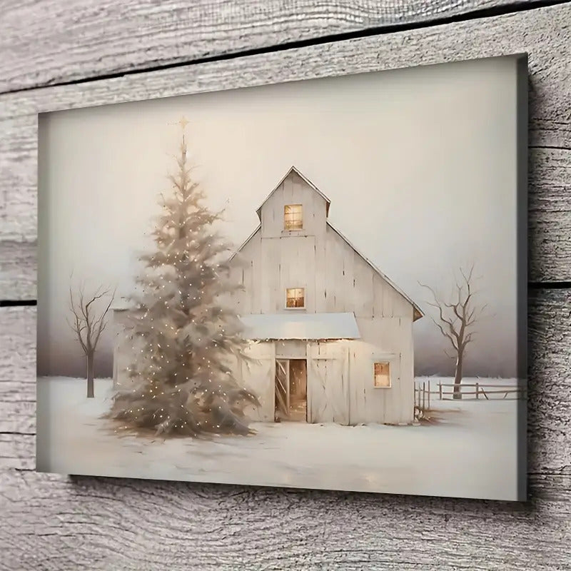 Winter Barn and Christmas Tree Canvas Wall Art, Snow Covered Farmhouse in Soft Rustic Neutral Tones — artwork and room preview