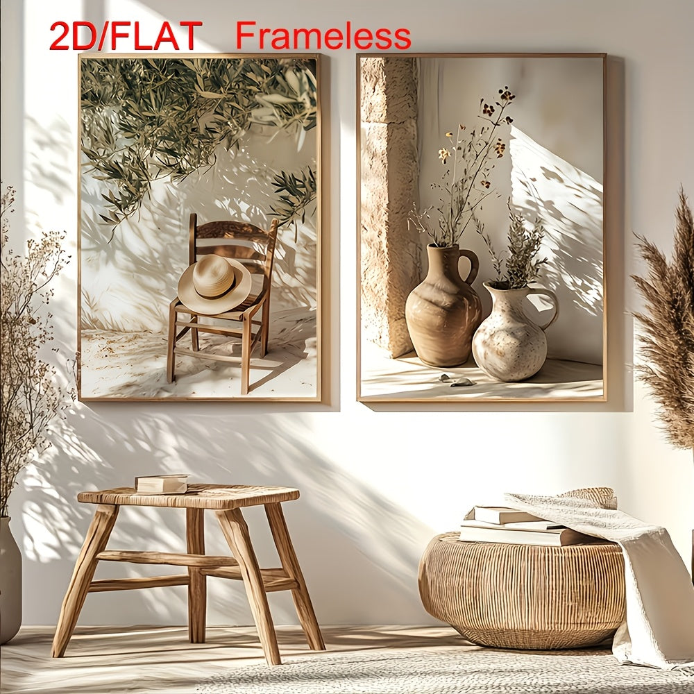 Mediterranean Canvas Wall Art Set of 2, Olive Branches Straw Hat Chair and Pottery in Warm Neutrals — artwork and room preview