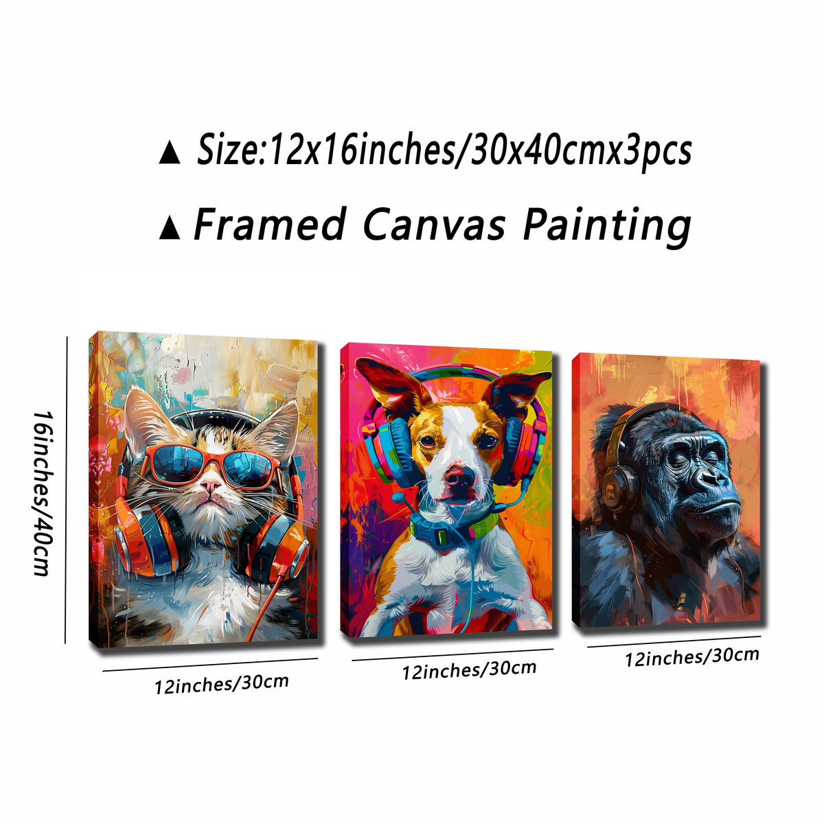 Music Animal Canvas Wall Art Set of 3, Colorful Cat Dog and Ape with Headphones for Living Room — artwork and room preview