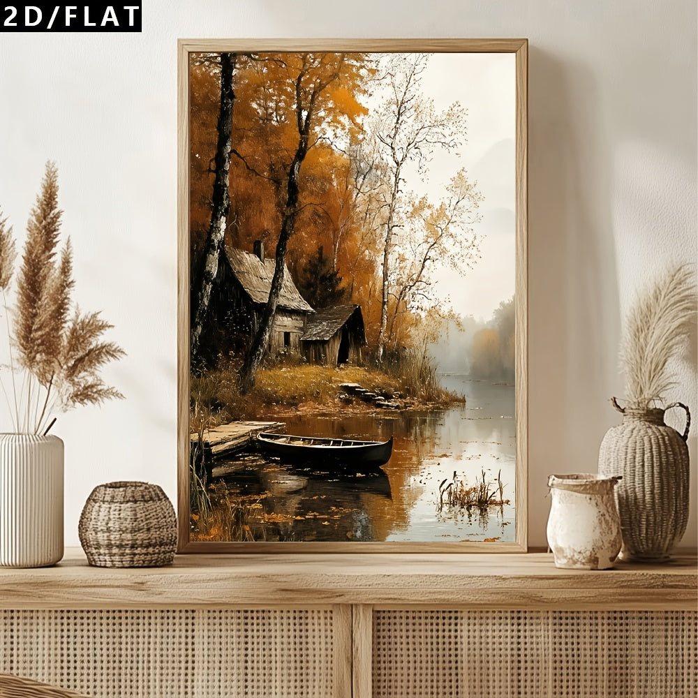 Autumn Riverside Cottage Canvas Wall Art — artwork room preview
