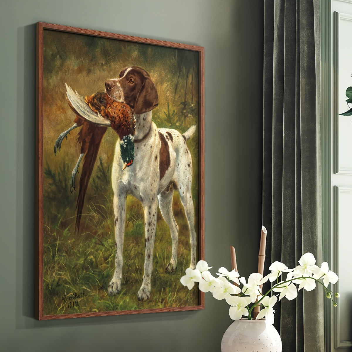 Vintage Hunting Dog Canvas Wall Art, Pointer with a Game Bird in a Rustic Woodland Scene — artwork and room preview