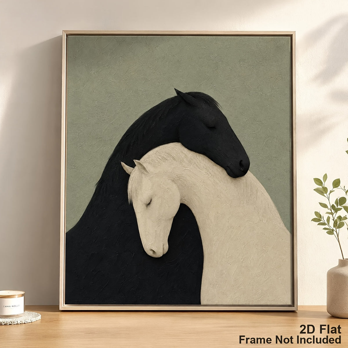 Black and White Horses Canvas Wall Art, Gentle Embracing Horse Portrait on a Neutral Background — artwork and room preview