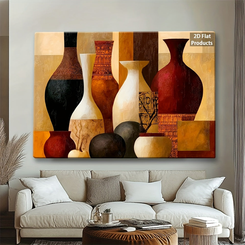 Earth Tone Abstract Vases Canvas Wall Art, Colorful Modern Still Life for Living Room or Dining Room — artwork and room preview