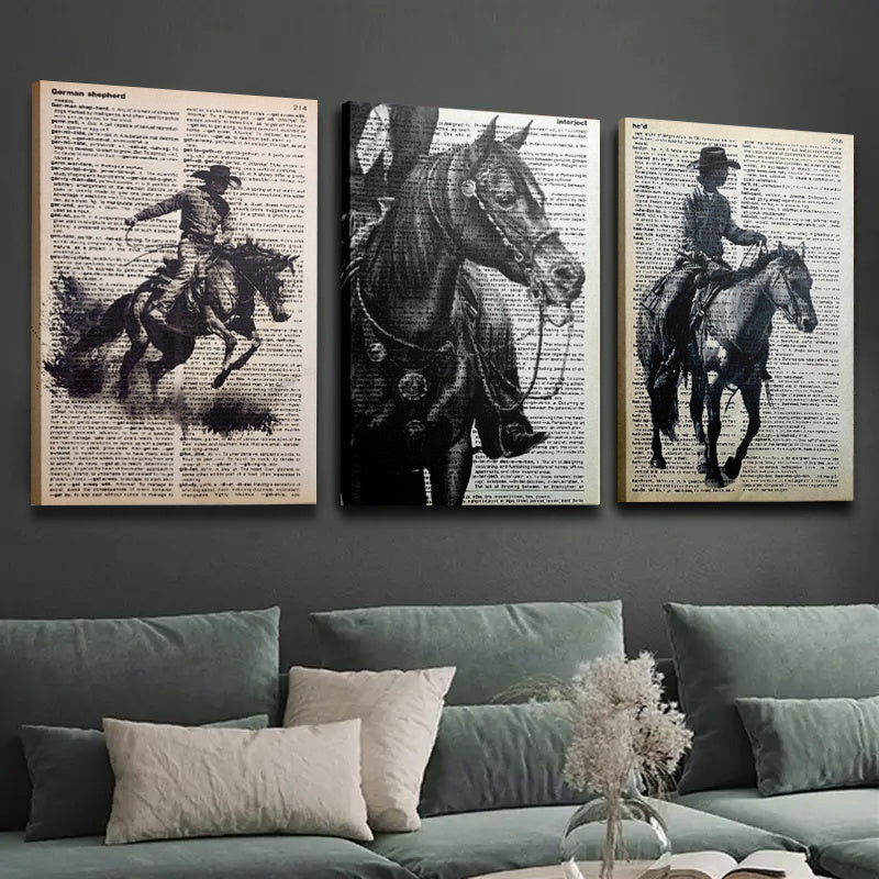 Western Horse and Cowboy Canvas Wall Art Set of 3, Vintage Black and White Newspaper Style Prints — artwork and room preview
