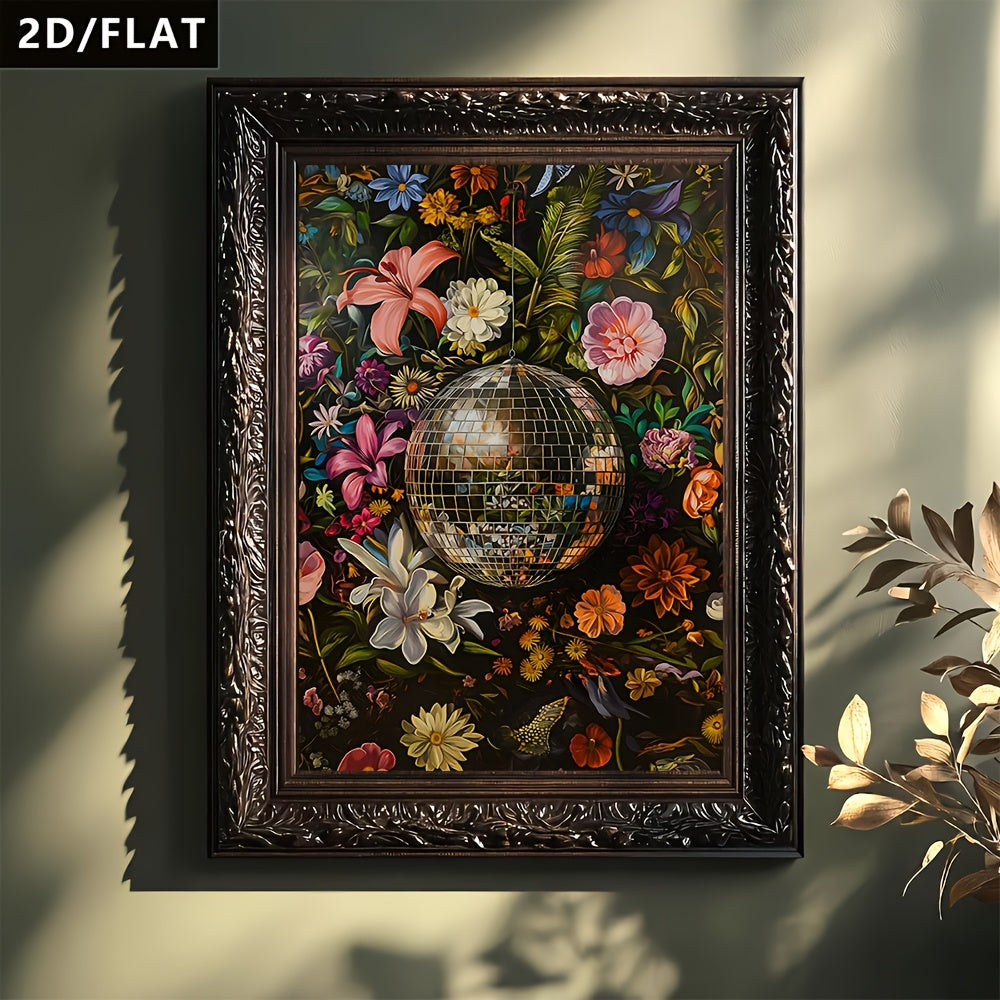 Floral Disco Ball Canvas Wall Art, Colorful Vintage Flowers on a Dark Background for Living Room — artwork and room preview