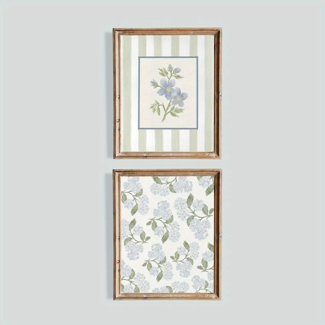 Blue Floral Canvas Wall Art Set of 2, Delicate Flowers and Sage Green Stripes for Spring Bedroom Decor — artwork and room preview