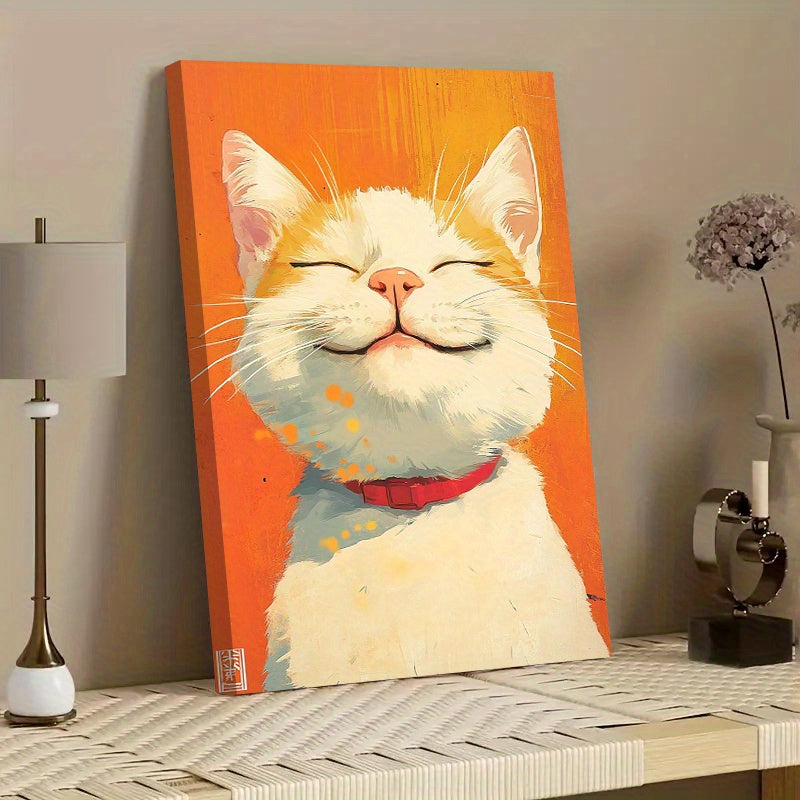 Smiling Cat Canvas Wall Art, Cheerful Cream Cat on a Bright Orange Background for Bedroom — artwork and room preview