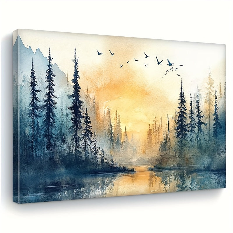 Watercolor Mountain Forest Canvas Wall Art, Blue Pines Golden Sunrise and Birds over a Quiet Lake — artwork and room preview