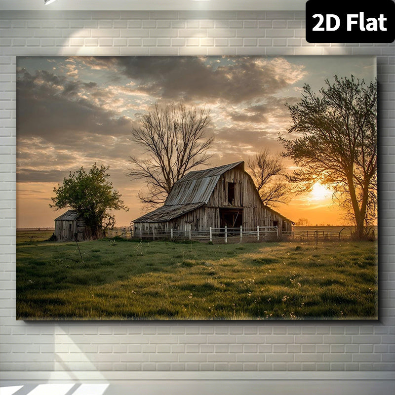 Rustic Barn Sunset Canvas Wall Art, Weathered Farmhouse and Country Trees in Warm Evening Light — artwork and room preview