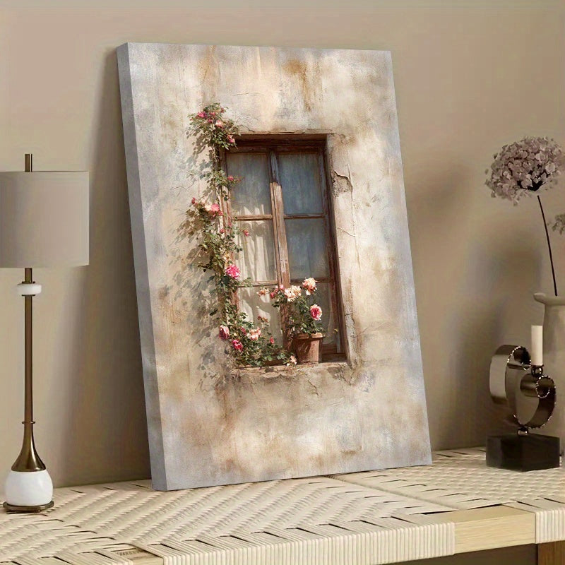 Vintage Rose Window Canvas Wall Art, Pink Climbing Flowers on a Rustic Mediterranean Wall — artwork and room preview