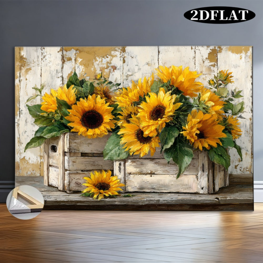 Rustic Sunflower Canvas Wall Art, Golden Blooms in a Wooden Crate for Farmhouse Kitchen Decor — artwork and room preview