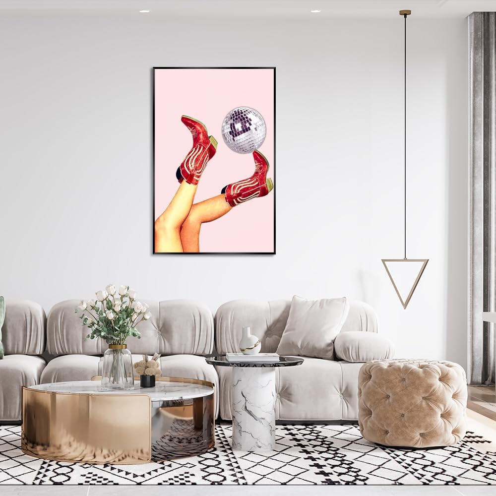 Preppy Champagne Wall Art Cowgirl Boots Picture Print Modern Unisex Stylish Rustic Western Aesthetic Poster On Trend Teen Girls Hipster Home Wall Decor Living Room Bar Cart 12x16 Unframed