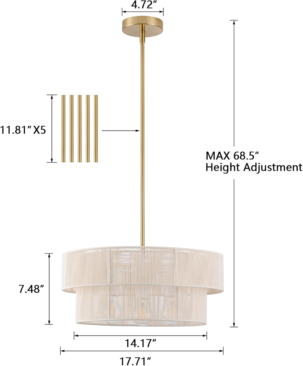 17.7 in Woven Rattan Boho Pendant Light – White – image 5