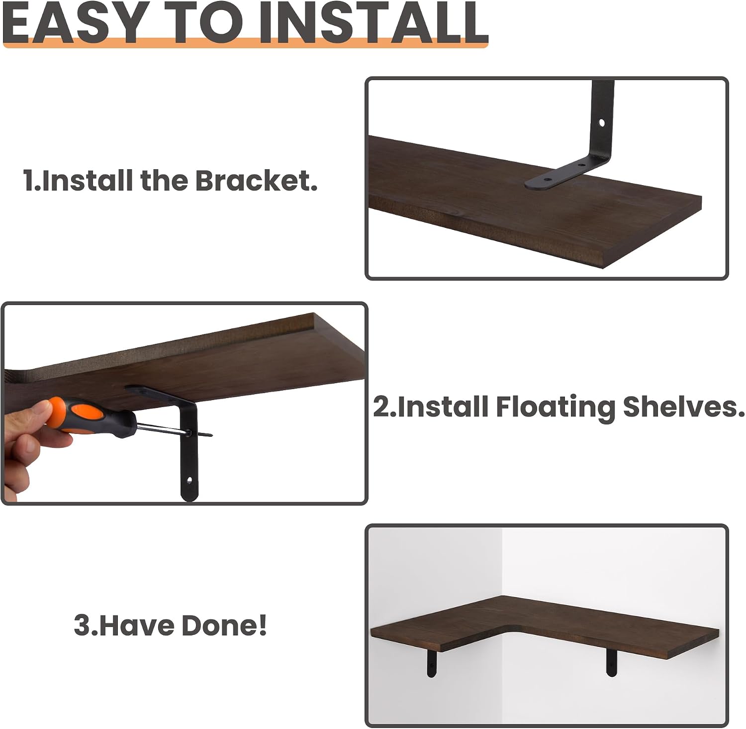 upsimples Corner Floating Wall Shelves Set of 4, Rustic Wood Shelves for Living Room, Bathroom, Bedroom, Kitchen Decor and Storage (Dark Brown)