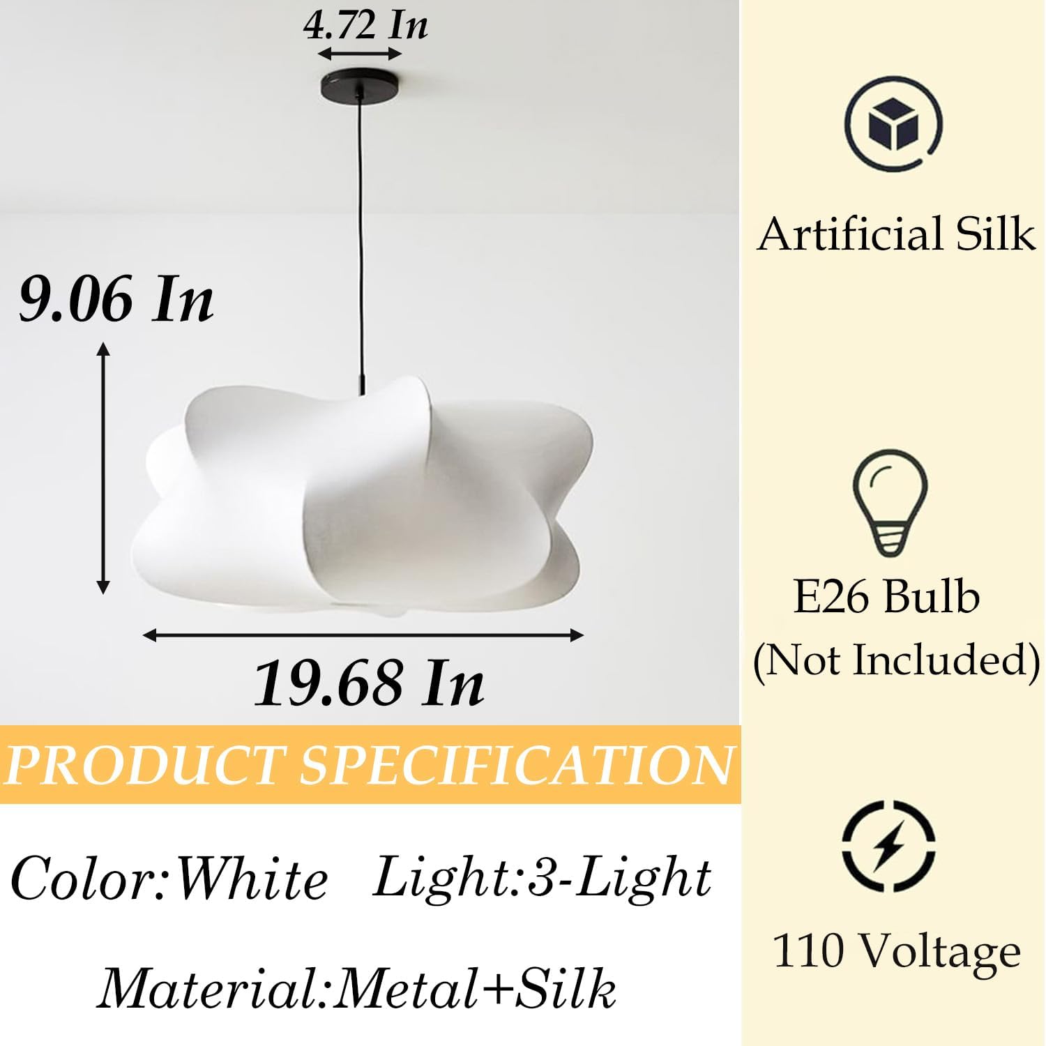 20 in Japanese-Style Fabric Pendant Light – White – image 9