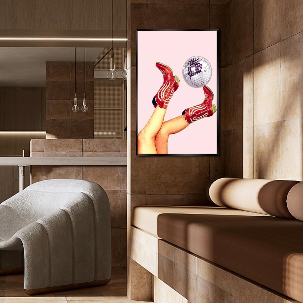 Preppy Champagne Wall Art Cowgirl Boots Picture Print Modern Unisex Stylish Rustic Western Aesthetic Poster On Trend Teen Girls Hipster Home Wall Decor Living Room Bar Cart 12x16 Unframed