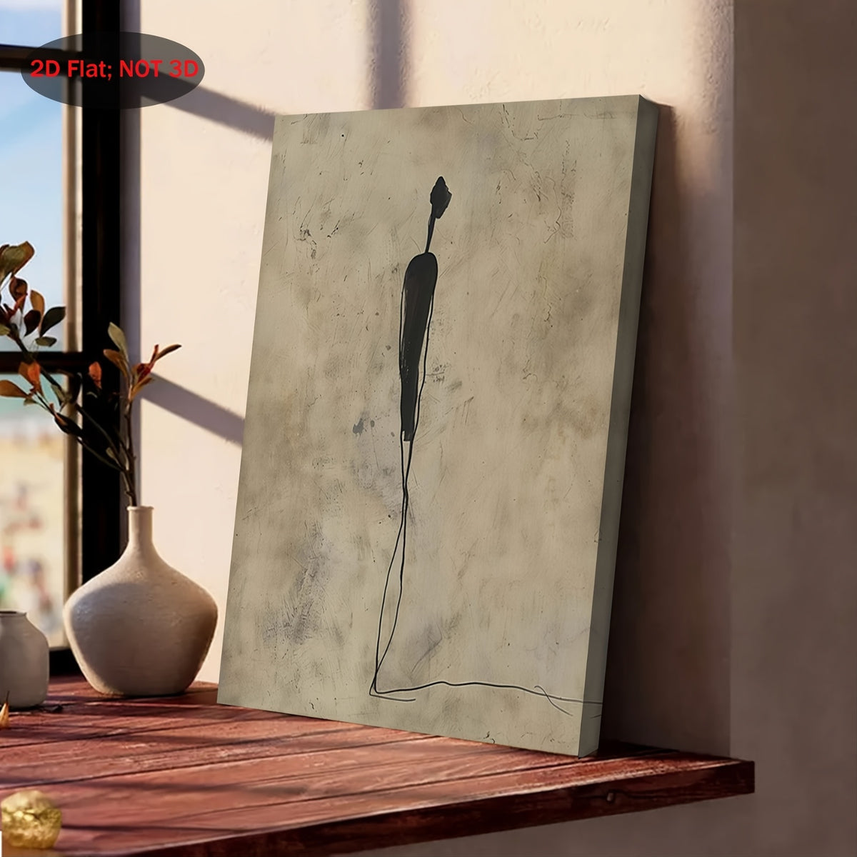 Minimalist Figure Canvas Wall Art, Black Line Drawing on Textured Beige in a Moody Wabi Sabi Style — artwork and room preview