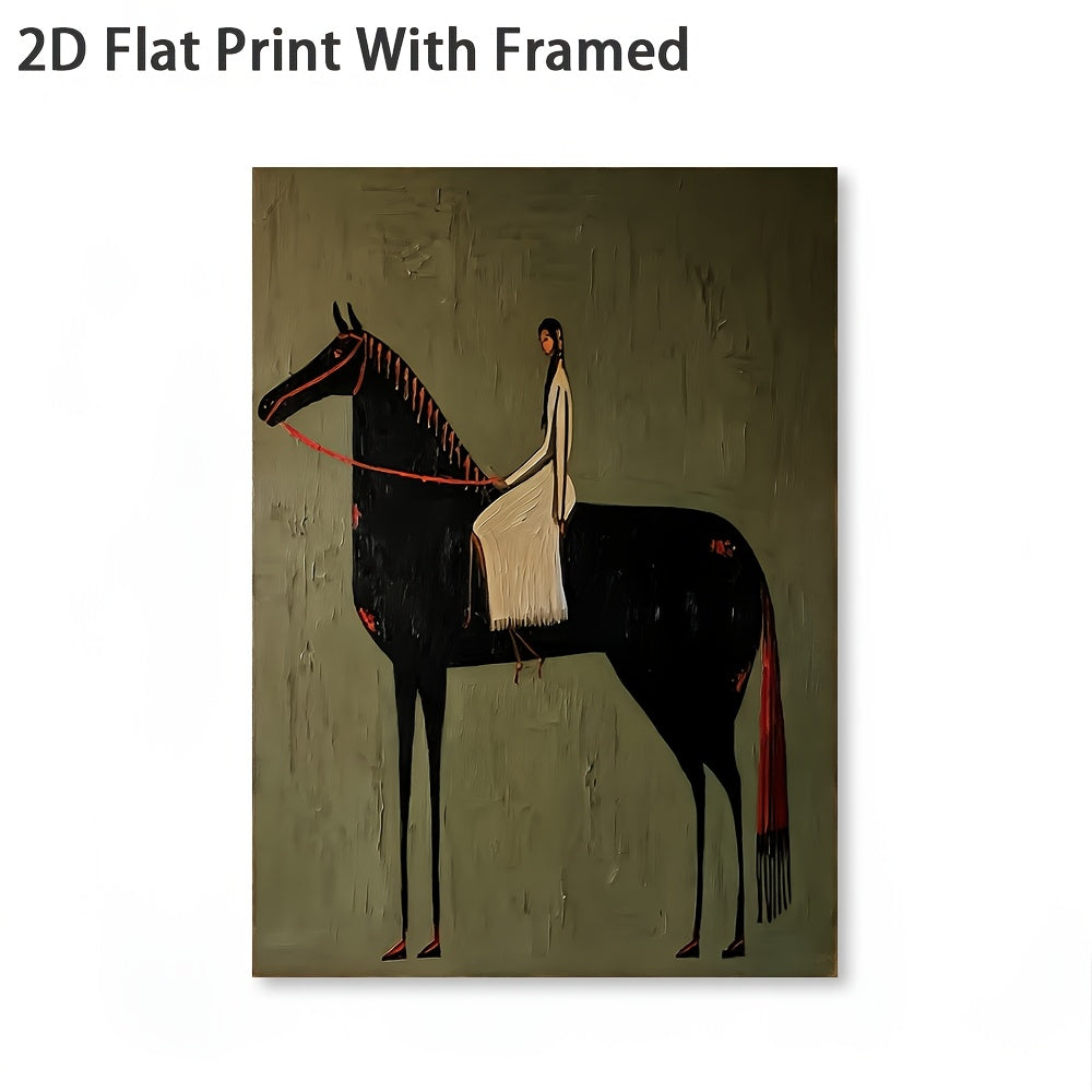 Woman on Horseback Canvas Wall Art, Minimalist Black Horse and Rider on an Olive Green Background — artwork and room preview
